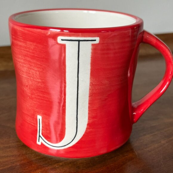 Anthropologie Colorway Monogram Mug Letter "J" Red Hand-Painted Coffee Cup Artsy - Picture 1 of 9
